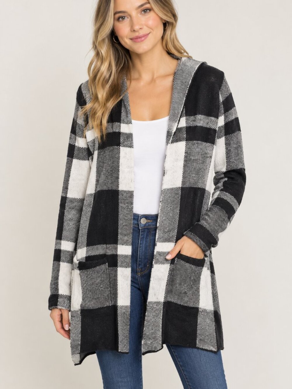 Absolutely Famous Black & White Plaid Hooded Open Cardigan Size Large
